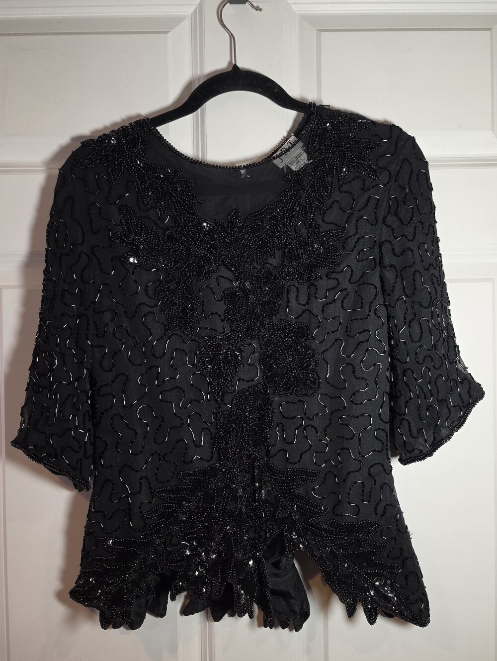 J.R.T Vintage 80s Black Beaded Half Sleeve Women's Top Silk Base L Minor Flaws